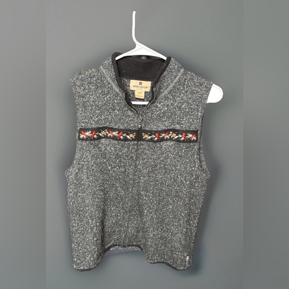 Woolrich Womens Small Charcoal Heather Fleece Vest Bird Cardinal Embroidered Zip - Picture 1 of 7